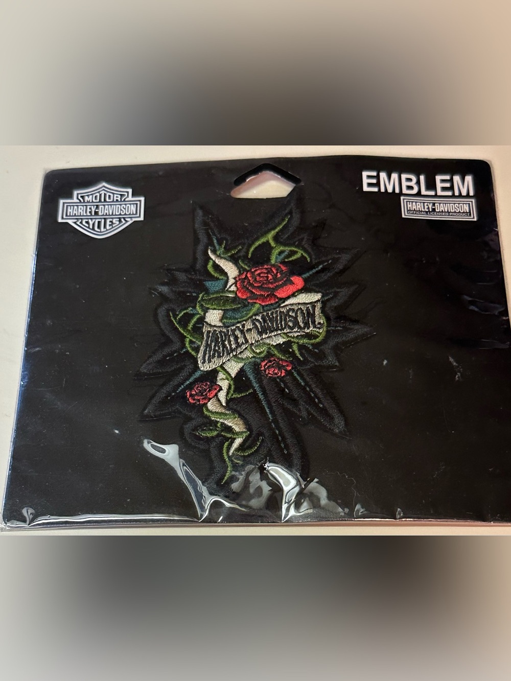 Harley-Davidson Black Patch Tattoo Emblem with Red Roses and Green Vine